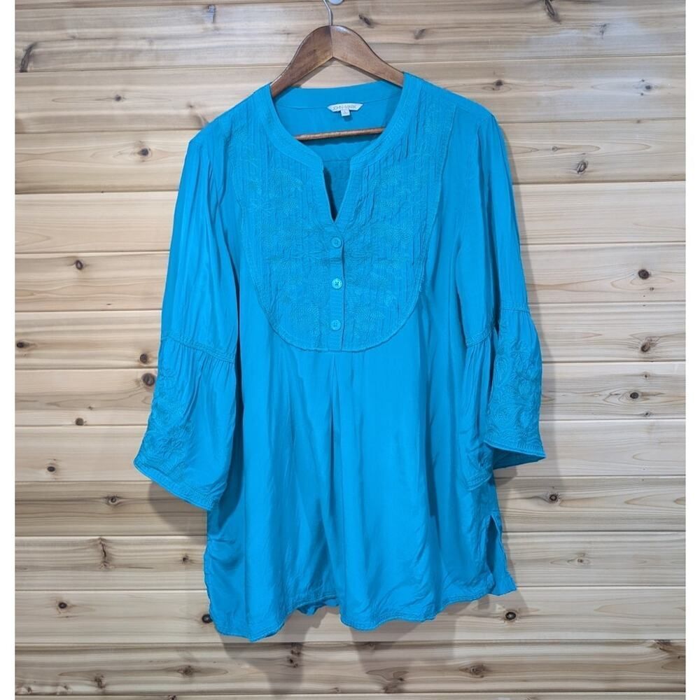 John Mark Top Womens‎ Large Teal Embroidered Boho Blouse